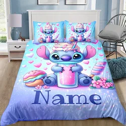 Custom Name Stitch Cartoon Duvet Cover Set 1 Duvet Cover & 2 Pillowcases (No Insert) Personalized Bedding Set for Women Teens