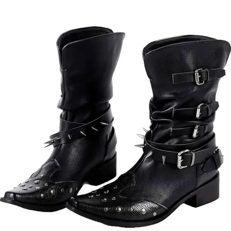 

Spike Embellished Leather Ankel Boots Punk Style Pointed Toe Chunky Heel Western Booties Spring Autumn Women's Modern Boots