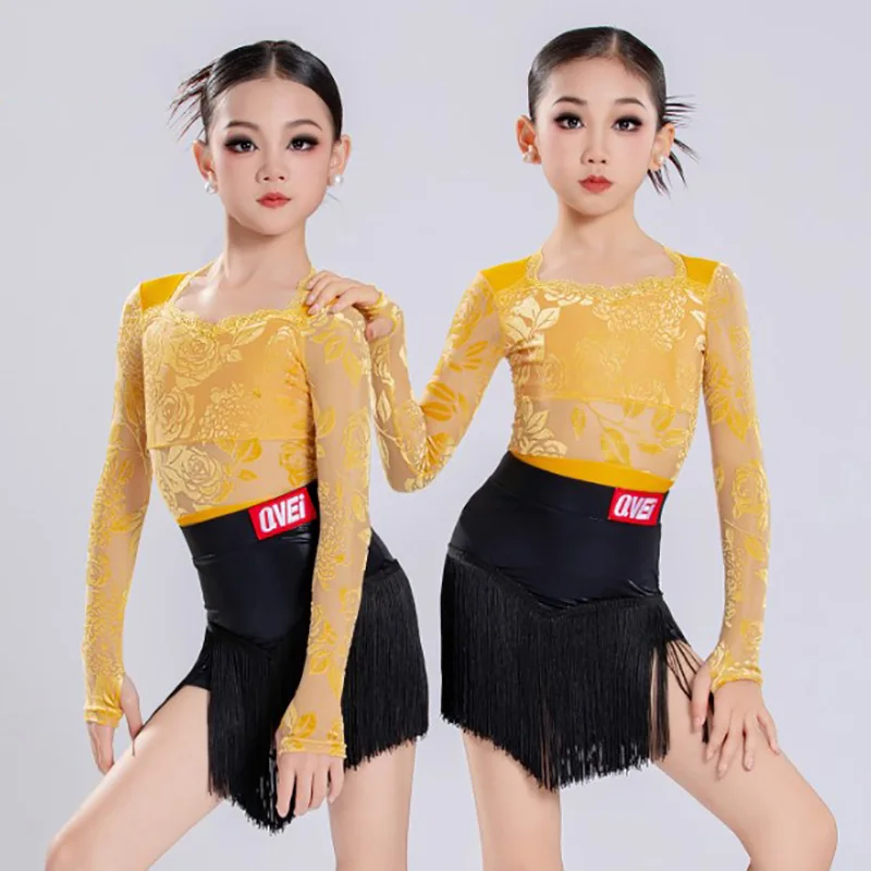 Crianças meninas trajes de dança latina amarelo impressão manga longa renda bodysuit e prática borla saias ternos salão rumba dancewear