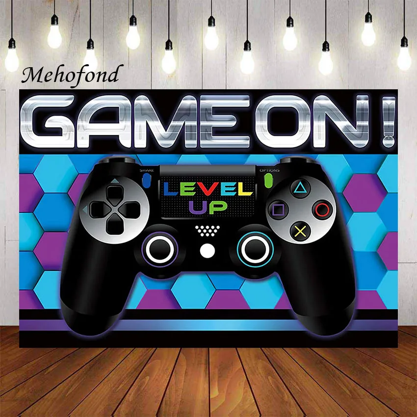 لعبة Mehofond على خلفية التصوير الفوتوغرافي ألعاب الفيديو النيون الأخضر الألعاب المستوى التالي حتى حفلة عيد ميلاد الأطفال خلفية استوديو الصور