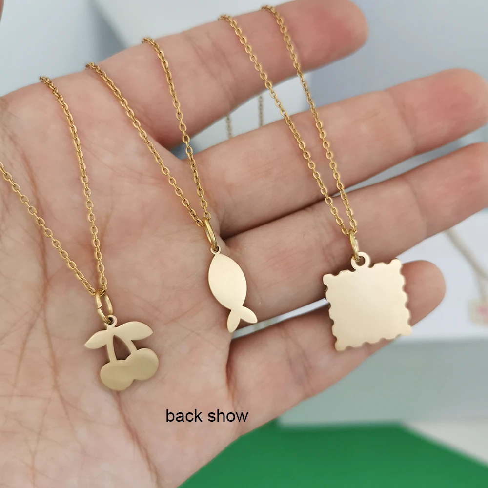 QMHJE Anhänger Halskette Frauen Edelstahl Erdbeere Kirsche Fisch Zitrone Schlanke Kette Halsband Gold Farbe Wasserdicht Großhandel – Detail 3