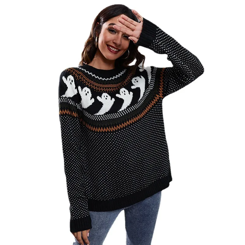 Skull Print Sweater Halloween Jumper Long Sleeve Top O Neck Pullover Causal Warm Jumper Autumn Winter Knitted Black Sweaters