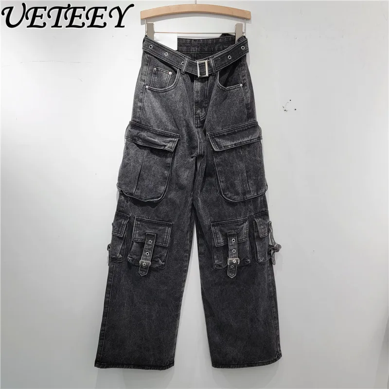 Fashion Jeans Female 2024 Spring and Autumn Versatile Design Sense Casual Working Pant Heavy Industry Multi-Pocket Denim Pants