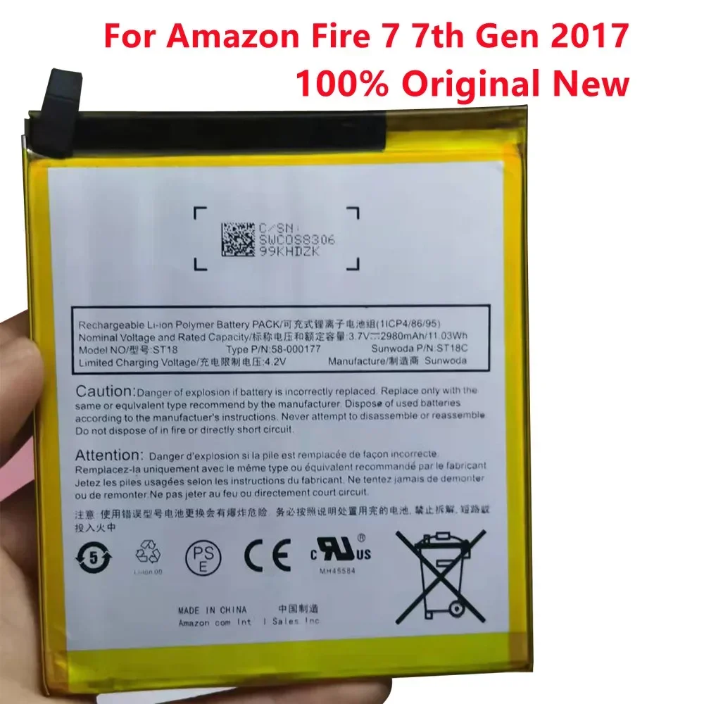 Battery For Amazon Fire 7 7th Gen 2017, 2980mAh, ST18, ST18C, 58-000177 GB-S10-308594-060L, 100% Original, New