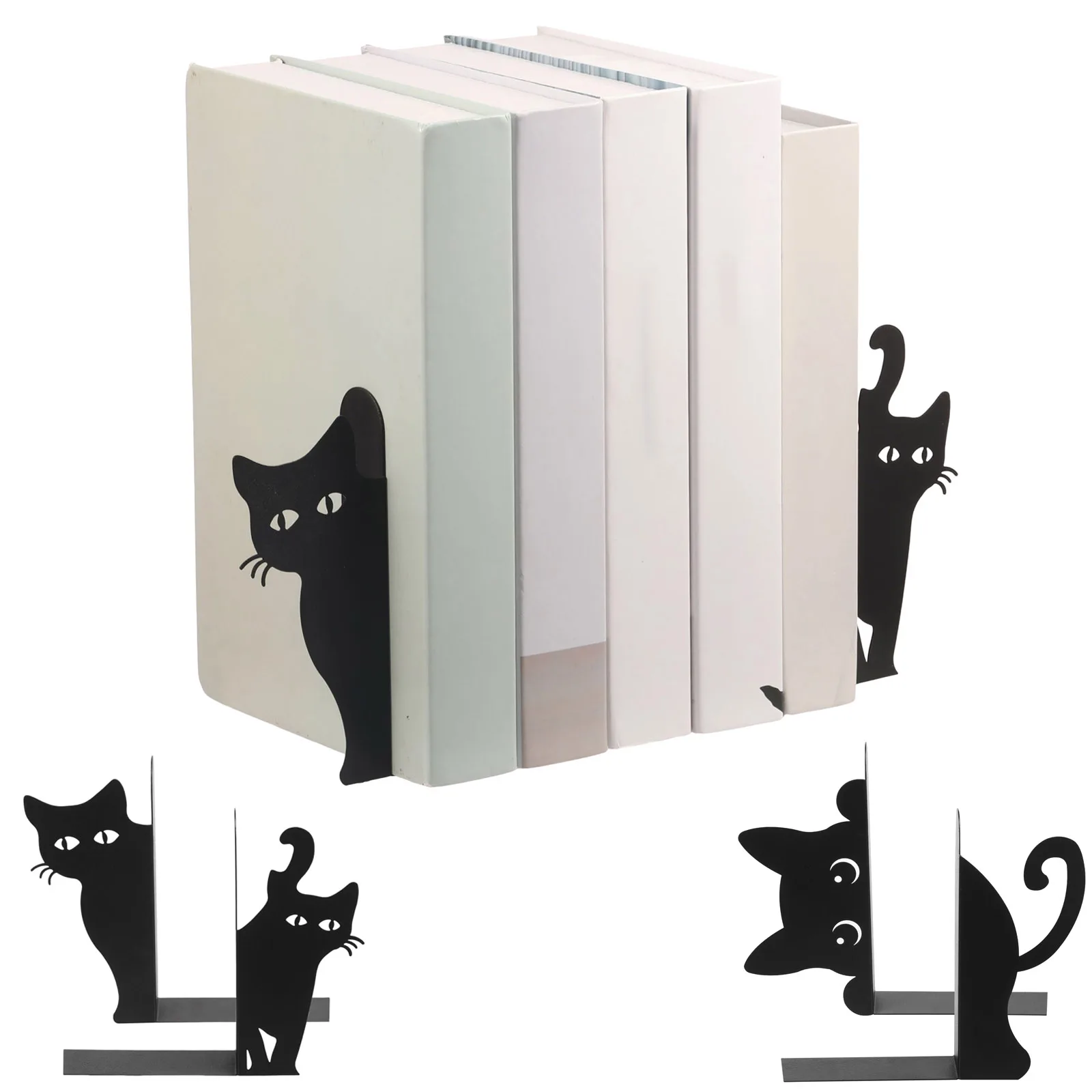 

2pcs Black Cat Bookend Metal Creative Peeping Cat Design Bookends for Bookshelf Shelf, Home, Study Room, School Bookends