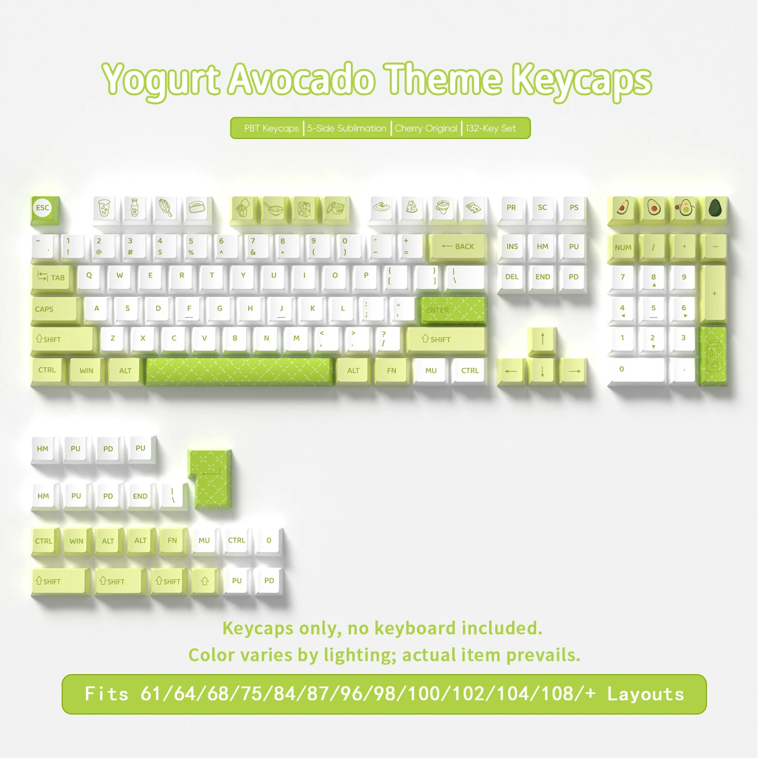 Yogurt Avocado Keycaps 132 Keys PBT Material Keycaps Cherry Profile DYE-SUB For MX Switch Wooting Mechanical Keyboard Keycaps