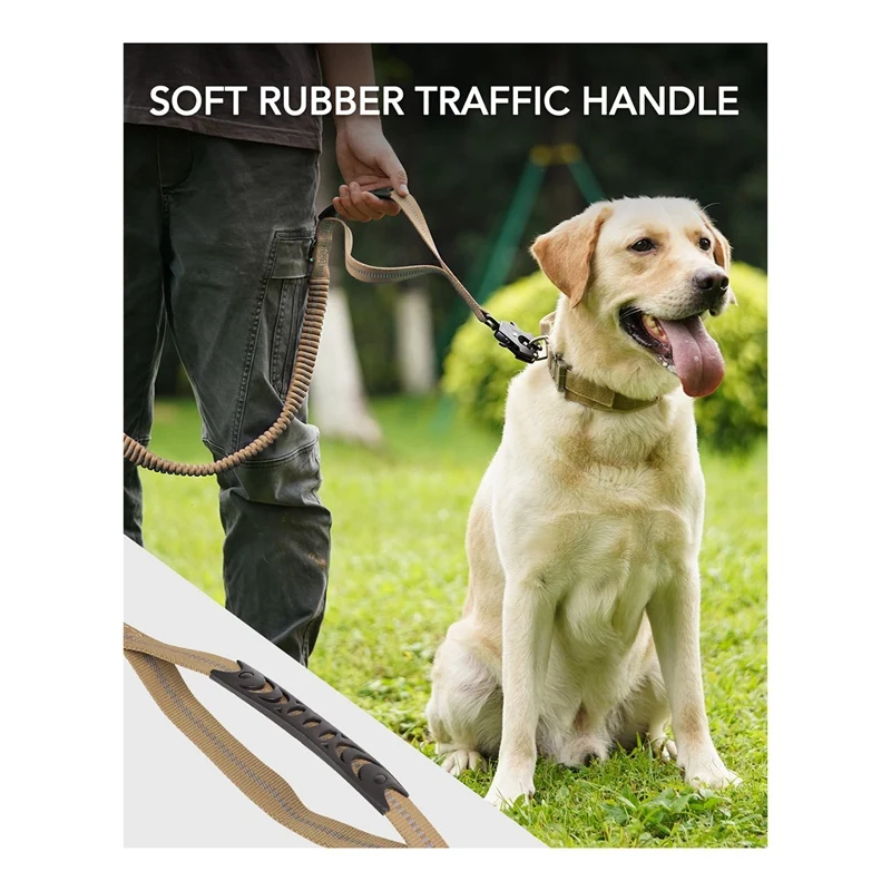 مقود الكلب عالي التحمل، مقود كلب بنجي ممتص للصدمات بطول 4-6 أقدام + مقبض مبطن، مشبك حلقة تسلق معدنية، حزام مقعد السيارة كاكي متين