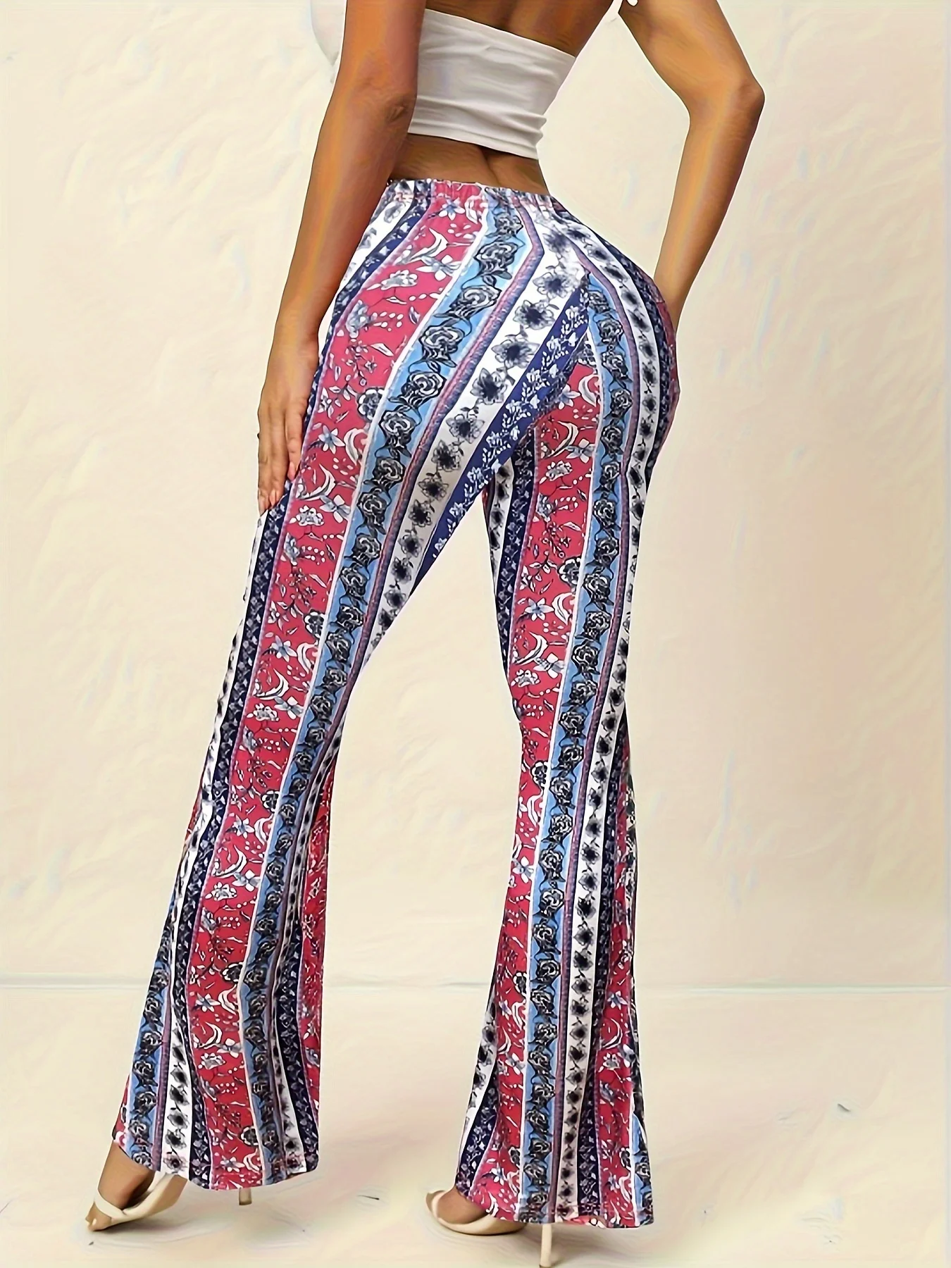 Ladies' Elegant Floral Print Flared Pants Casual Leggings Fashionable Women's Comfortable Long Pants