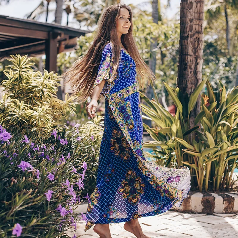 Boho plażowa sukienka Maxi kobiety z nadrukiem Kaftan tunika z dekoltem w stylu Vintage szata Plage Femme kostium kąpielowy okrycie