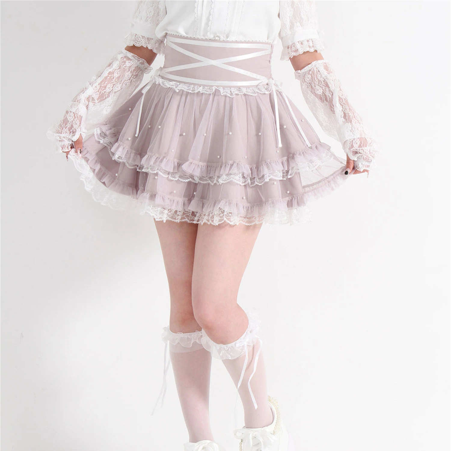 Saias japonesas estilo mina produzidas em massa, renda, patchwork, frisado, cintura alta, arco, linha a, doce, fofo, versátil, lolita, saia feminina