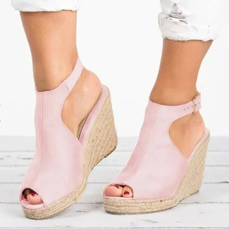 Large Thick Bottom Slope and Fish Mouth Sandals for Women, with One Line Buckle and Suede, Casual and Fashionable Roman Sandals