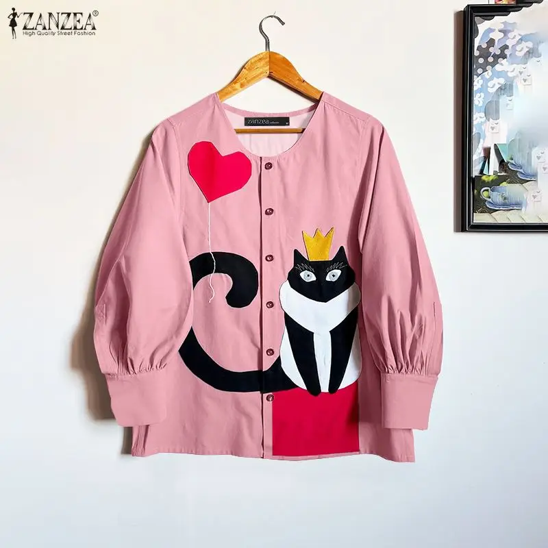 

ZANZEA Vintage Women Cartoon Print Shirts Blouse Long Lantern Sleeve Fashion Tops Autumn O-Neck Casual Loose Clothing Blusas
