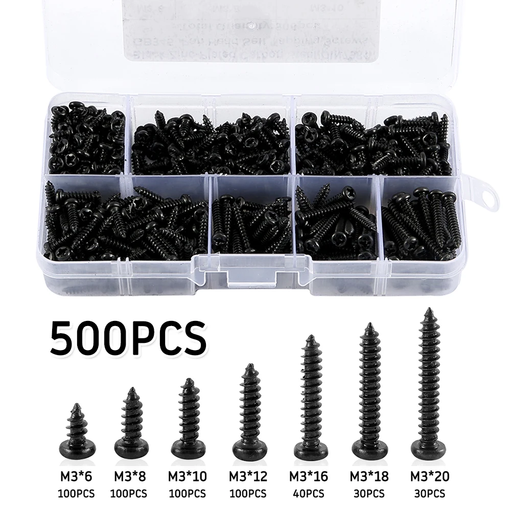 500/280 Stück M3/M4 Schrauben, schwarz, selbstschneidende Schrauben, Flachkopf, Kreuz, selbstbohrende Holzschrauben, Sortimentsset, Kohlenstoffstahlschrauben