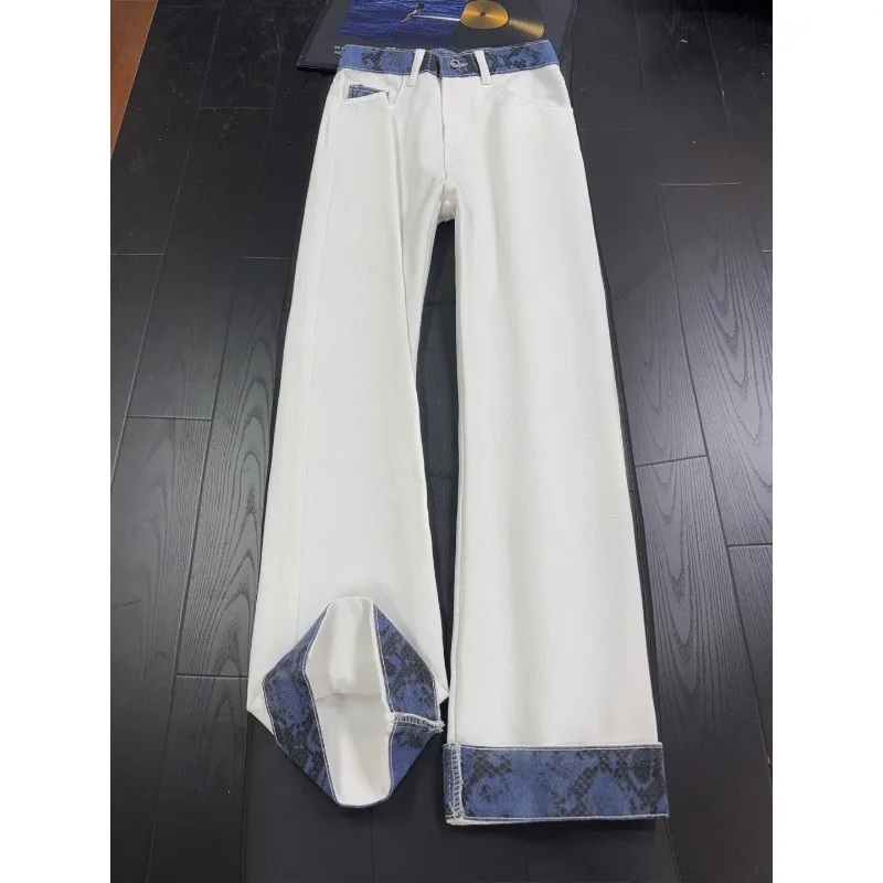 Y2K Streetwear Snake Print Patchwork Straight Denim Pants Men's White Cuffed Hem American Retro Casual Jeans
