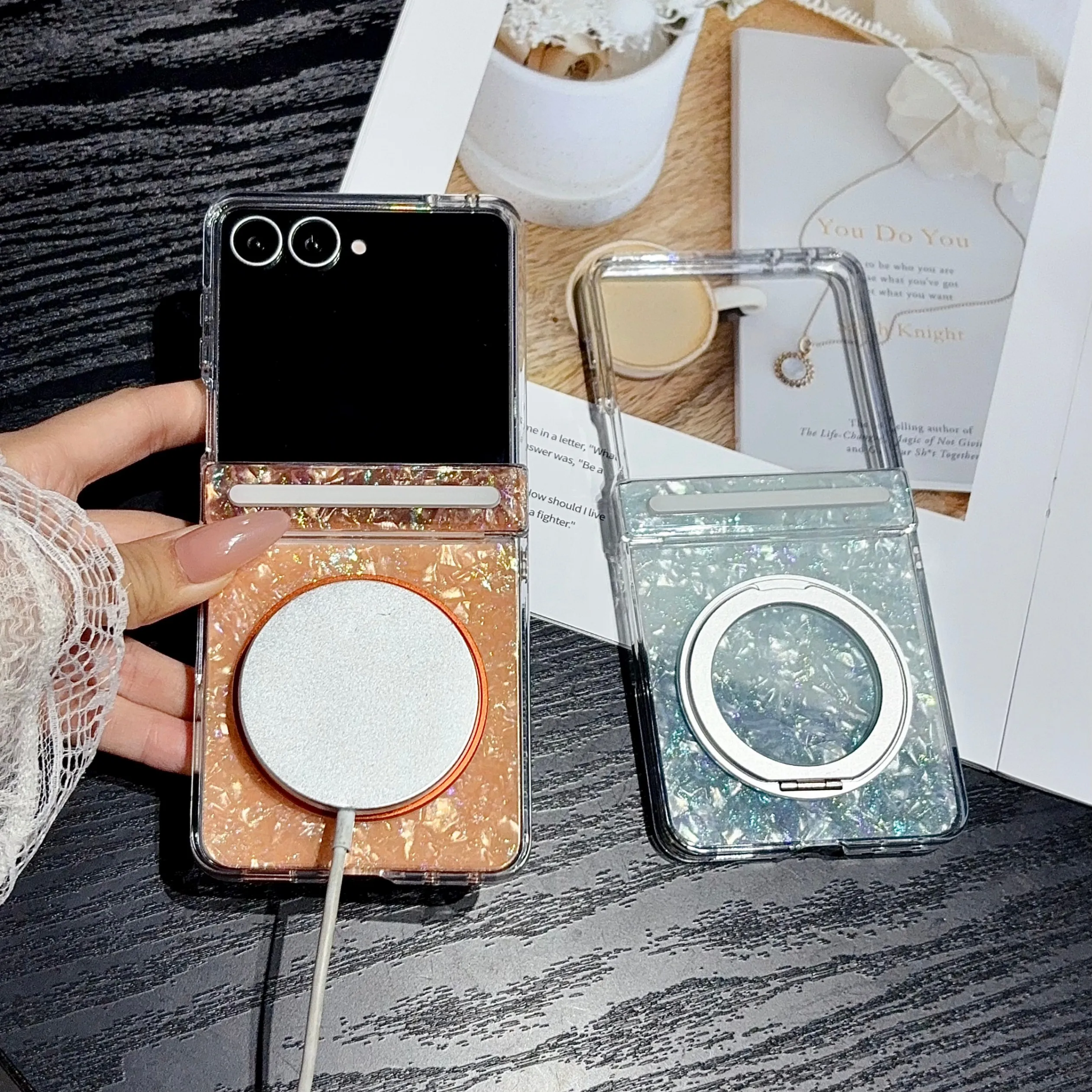 Gilded Shell Pattern for Magsafe 360 Bracket Phone Case for Samsung Galaxy Z Flip 8 7 6 5 Flip8 Magnetic Hinge Protection Cover