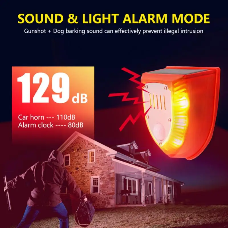 129dB Solar Infrared Motion Sensor Alarm Imitate Dog Barking Gunshot Siren Strobe Light Yard IP65 Waterproof Farm Home Security