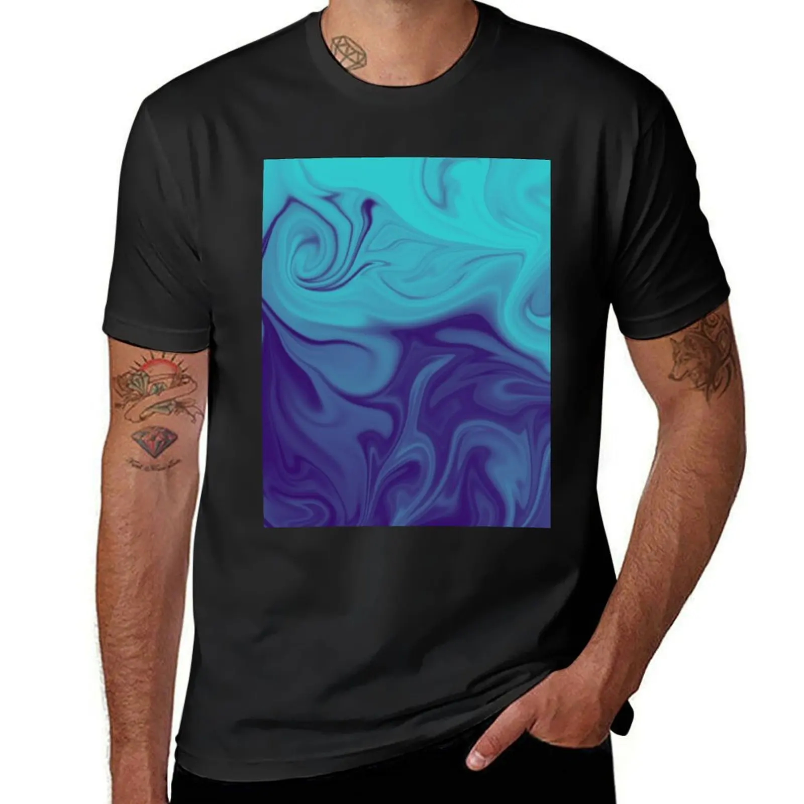 

Blue Violet Turquoise Liquid Art. Liquid Marble. Abstract Design. T-Shirt graphics anime clothes Short sleeve tee men