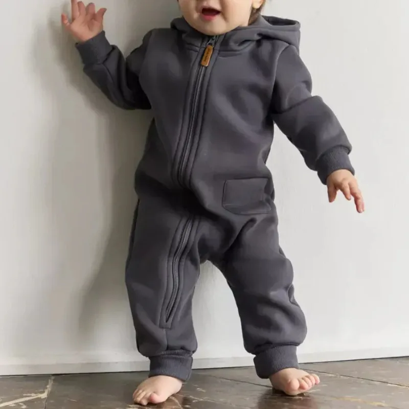 2026 Korean Baby Rompers Bodysuits Newborn Jumpsuit Long Sleeved Hooded Zipper Hooded Crawling Suit Warm Long Crawling