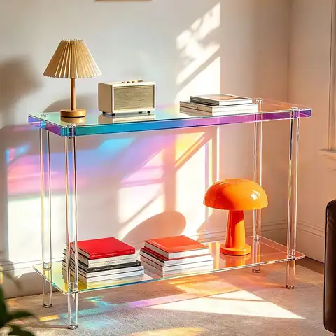 Iridescent Rainbow Acrylic Console Table 2-Tier Storage Shelf, Modern Entryway Sofa Side Table for Living Room Hallway Foyer, Clear Crystal Floating Display Rack