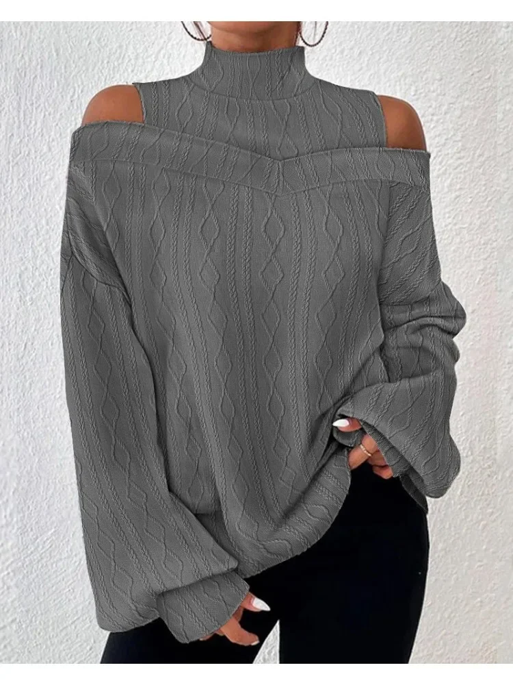 Fall 2023 Women Turtleneck Shirts and Blouses Elegant Cold Shoulder Patchwork Cable Cable Textured Top Fashion Woman Clothing