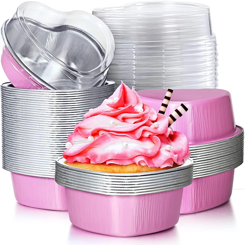 Sartén de papel de aluminio para pasteles, taza con forma de corazón para cupcakes con tapas, sartenes para hornear Flan para el día de la madre, boda, cumpleaños, 10 Uds., 100ml, ¡caliente!