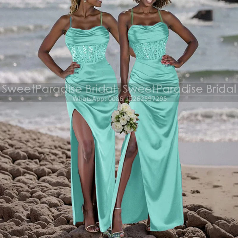 Customized Sequins Mermaid Bridesmaid Dresses Long High Slit Spaghetti Straps Cross Strappy Back Wedding Party Dress