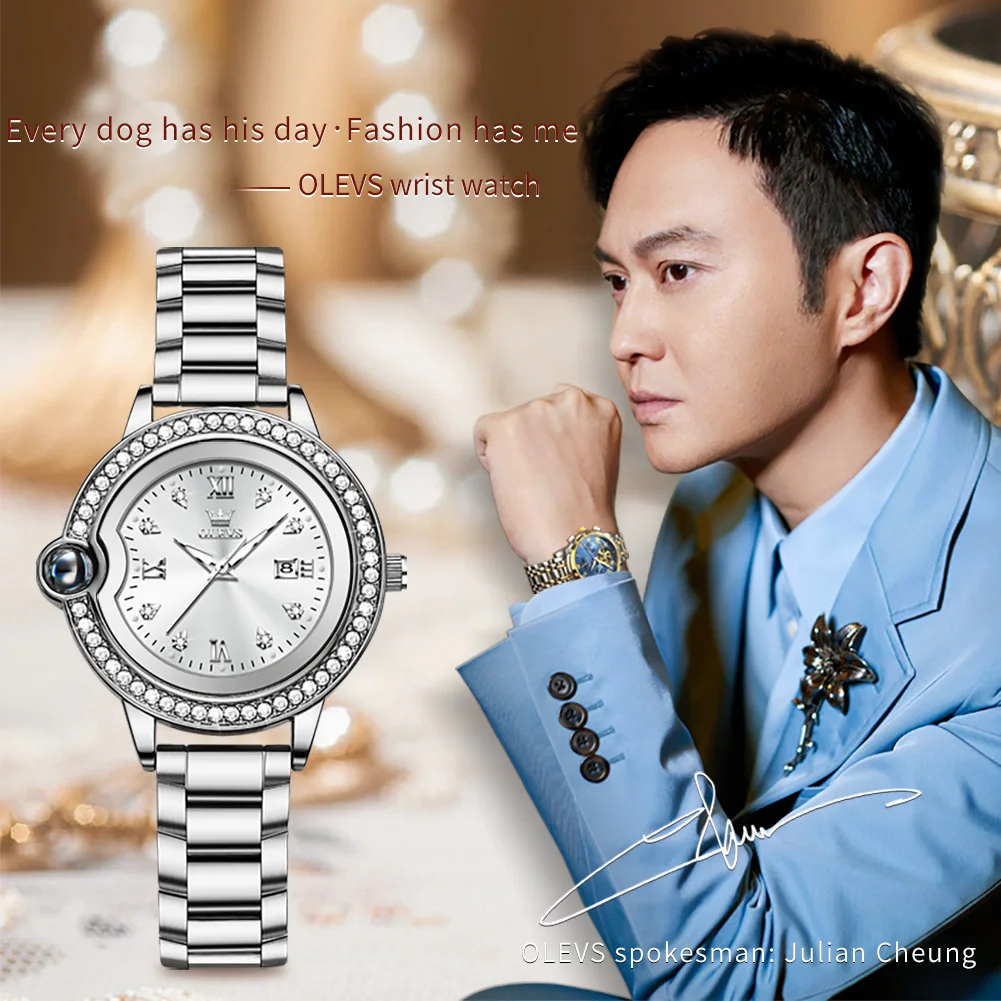 ساعة يد نسائية مقاومة للماء من OLEVS ، ساعة نسائية ، إطار ماسي ، تاريخ أوتوماتيكي ، أصلي ، فاخر ، أو