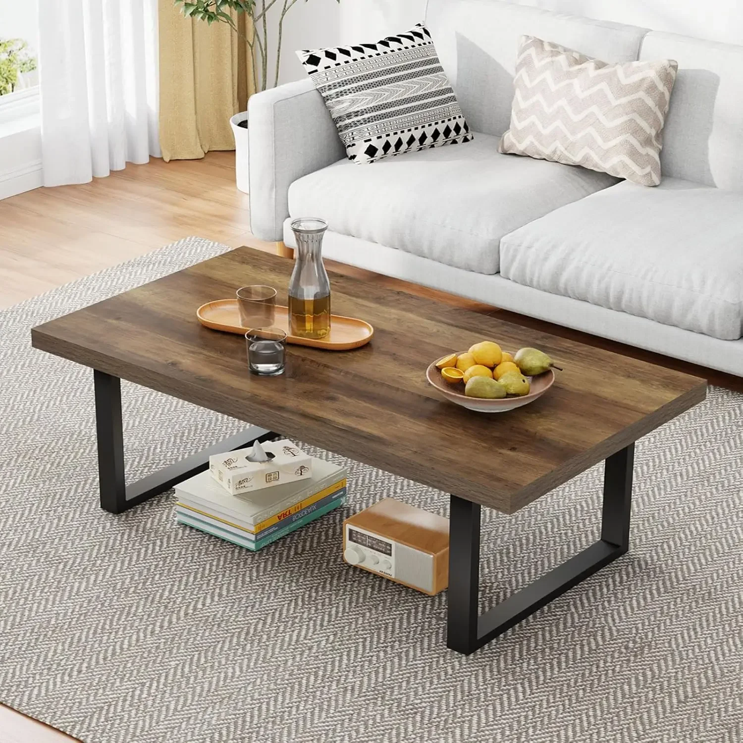 Farmhouse Coffee Table, Modern Coffee Table for Living Room, Simple Industrial Rectangle Center Table, Wood Metal Tea Table for