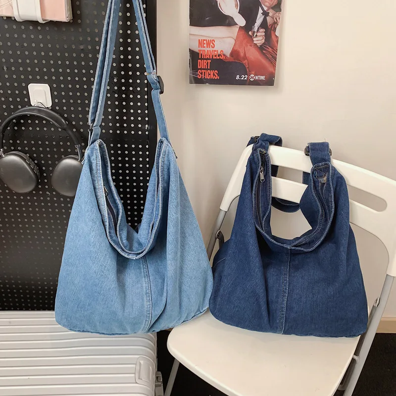 Vintage Denim Shoulder Bags for Women Large Capacity Ladies Adjustable Crossbody Bag Simple Versatile Female Handbag Casual Tote
