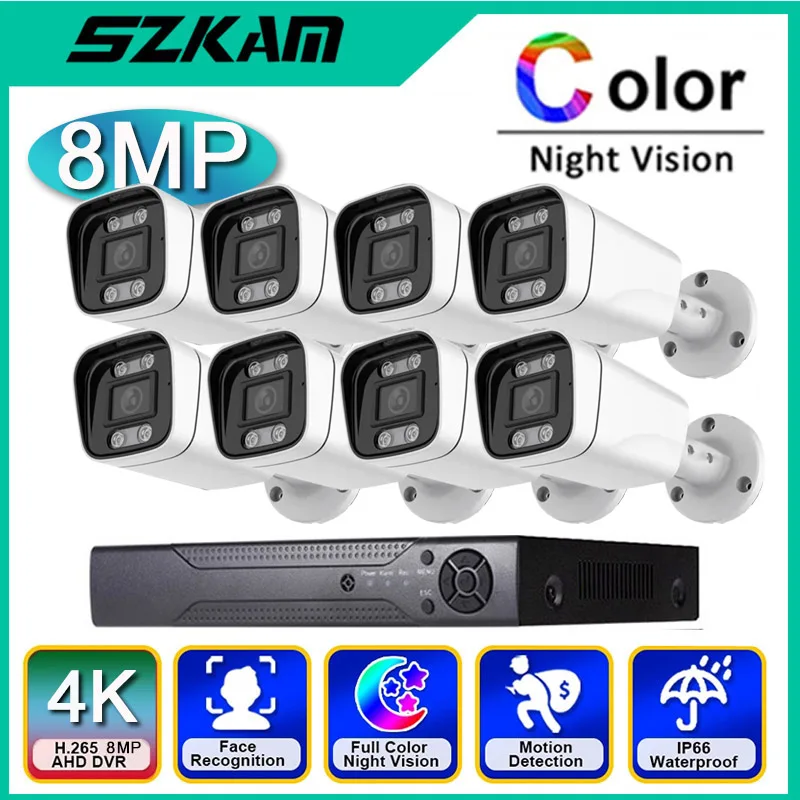 8CH 8MP 4K AHD Analog Camera DVR Kit 8CH 6CH Color Night Vision CCTV Surveillance System Audio Record Mic Outdoor Security SZKAM