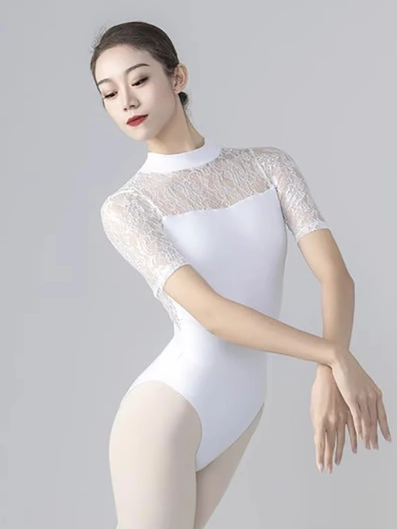 High Neck Gymnastics Leotard Ballet Yoga Bodysuit Adult Women Artistic Lace Flower Ballerina Dancing Costume Classical Dancewear