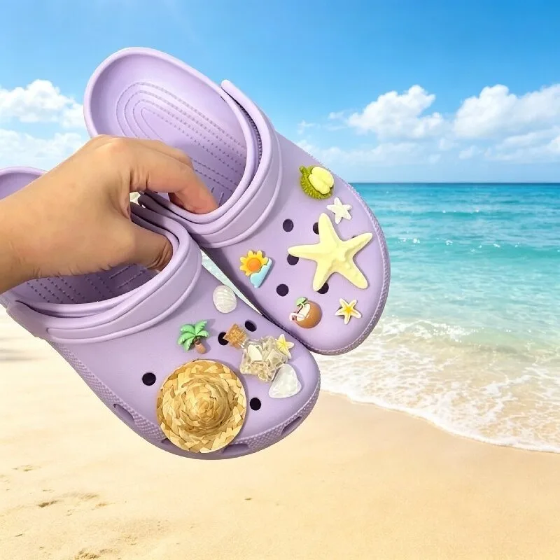 Straw hat vacation style Starfish Shell Shoe Charms Accessories for Clogs Slide Sandals Shoe Decoration Buckle Boys Girls Gifts