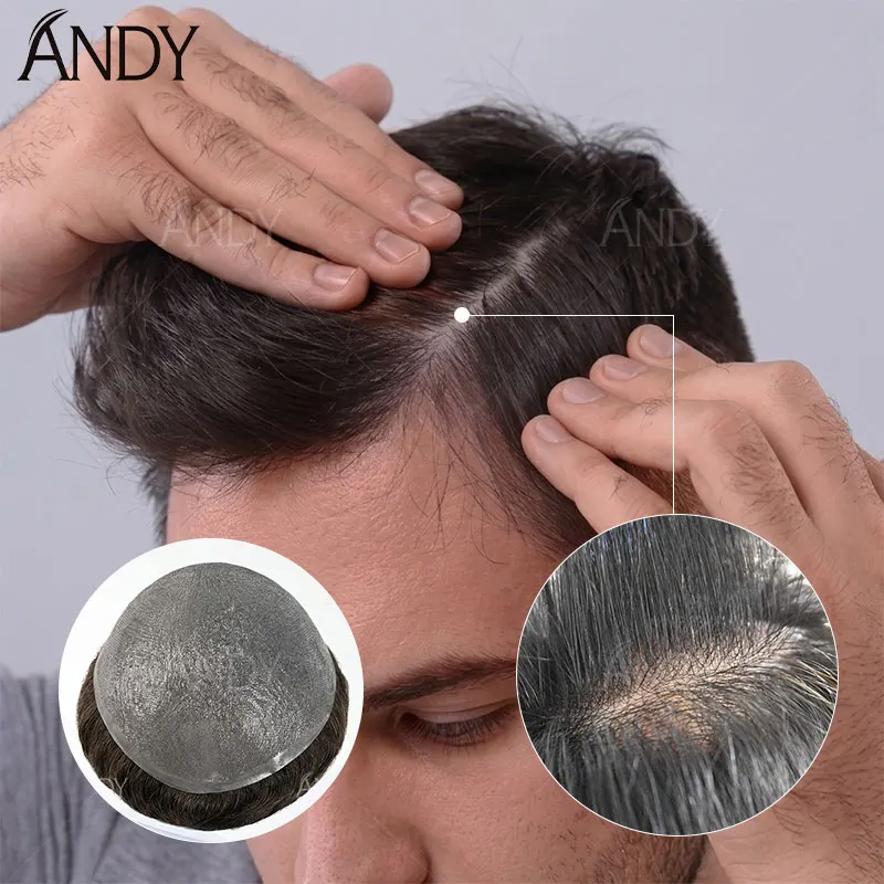 

0.08mm Thickness PU Poly Base Double Knotted Toupee Human Hair Durable Time Long Lifespan Men's Capillary Prothesis