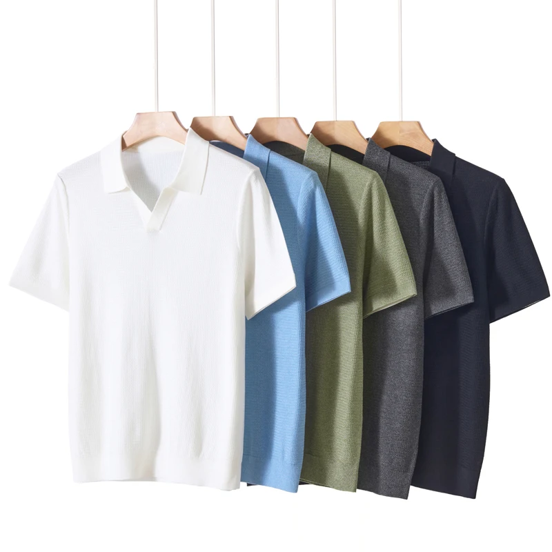 MVLYFLRT Men's Summer Short Sleeve Polo T-Shirt 100% Lyocell Floral Yarn Knitted Fashion Business Casual Pullover Top