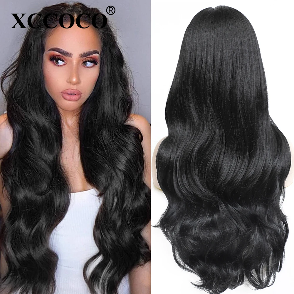 28inch Long Body Wave Synthetic Wigs Natural Ombre Brown Middle Part Hair Wigs For Women Cosplay Wigs Heat Resistant Fiber