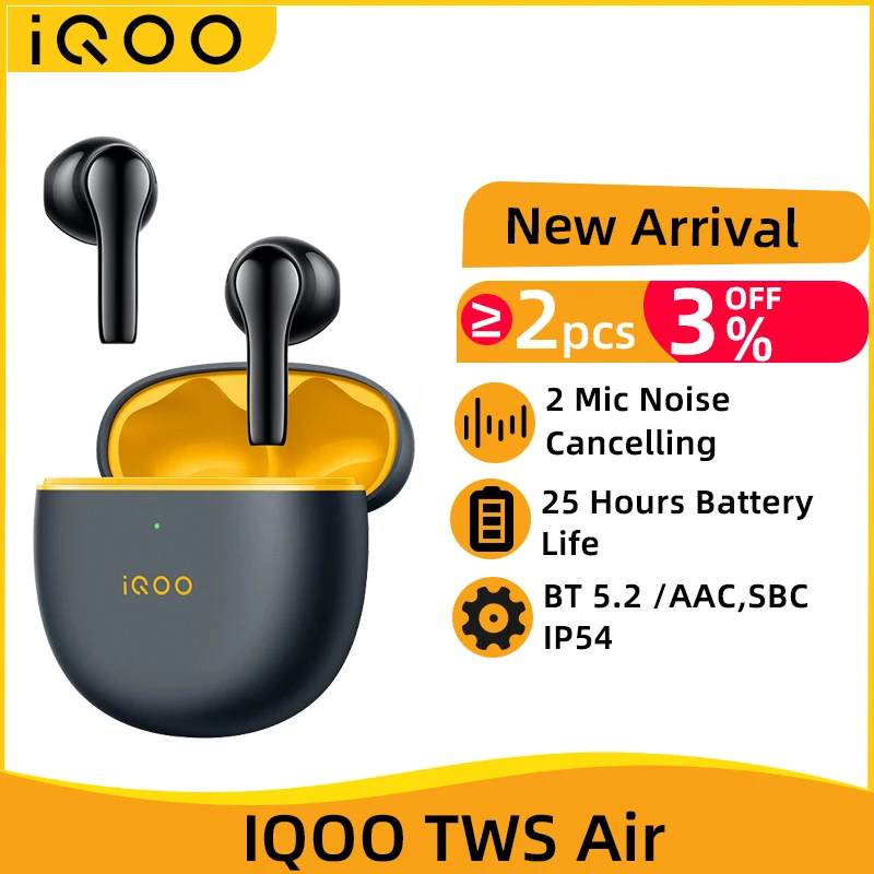 Vivo IQOO TWS Air TWS Earphone Bluetooth 5.2 Dual Mic AI Noise Cancelling Wireless Headphone 25Hour Battery Life For IQOO 10 Pro