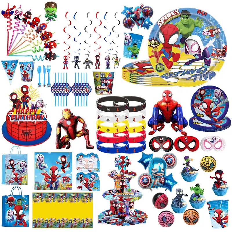 Spidey And His Amazing Friends Birthday Decoration Spiderman Tableware Supplies Tablecloth Paper Cups Plates Balloons Baby Gift