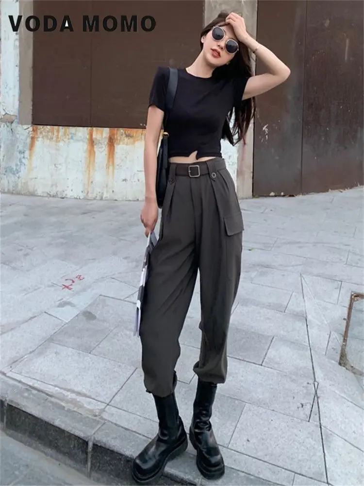 Women\'s Korean Style Cargo Pants Jogger Elastic Waist High Harajuku Straight Pants Females Pocket Wide Leg Elastic Streetwear