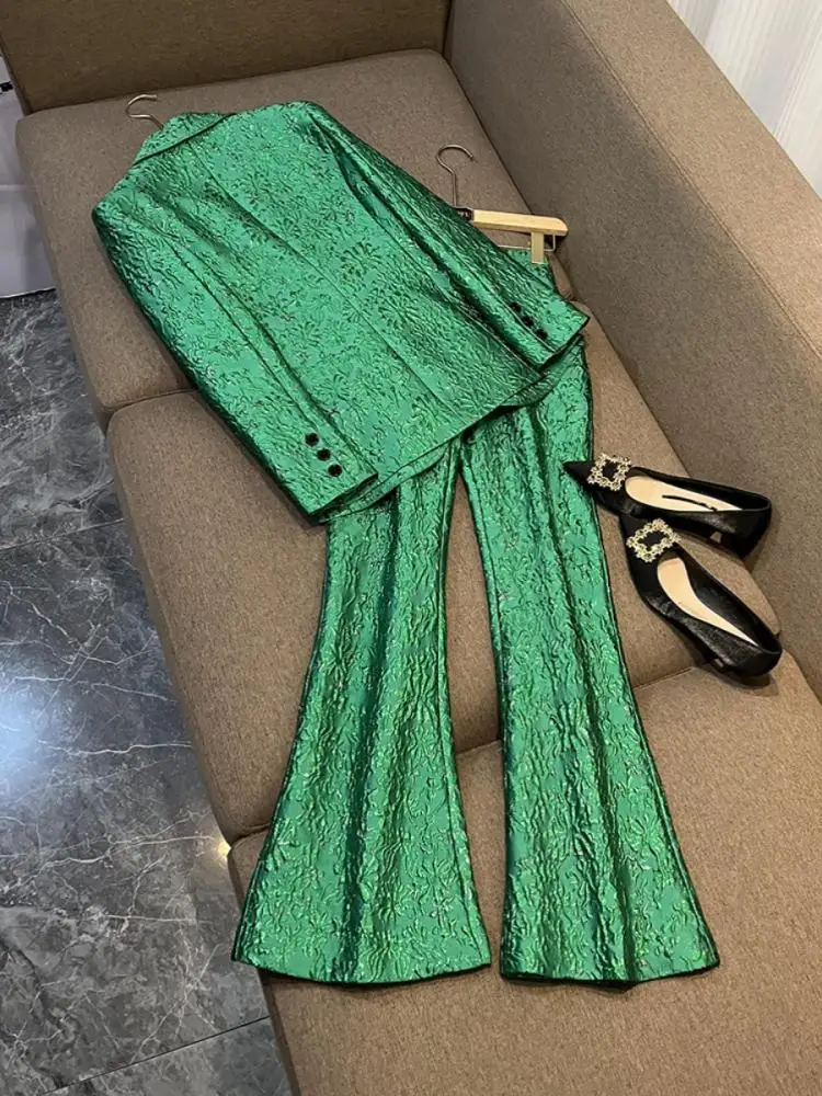 Green Three Dimensional Blazer Pantsuits Performance Stage Classic Jacquard Embroidery Pattern Pants Sets Festival Outfits Women