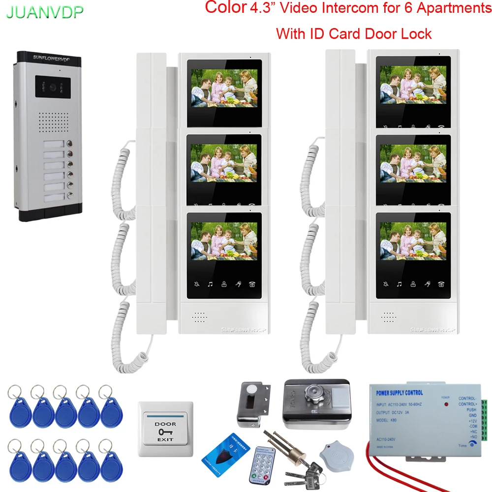 For 4/5/6/ 8/10/12 Apartments Color Video DoorPhone Doorbell 4.3