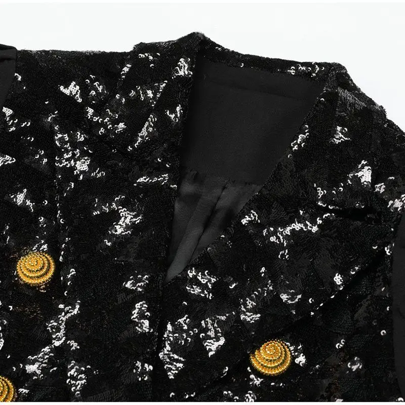 High Quality Women's Classic Shiny Sequin Suit Jacket Spring Autumn Fashionable Top Long Sleeve Double Breasted Button up