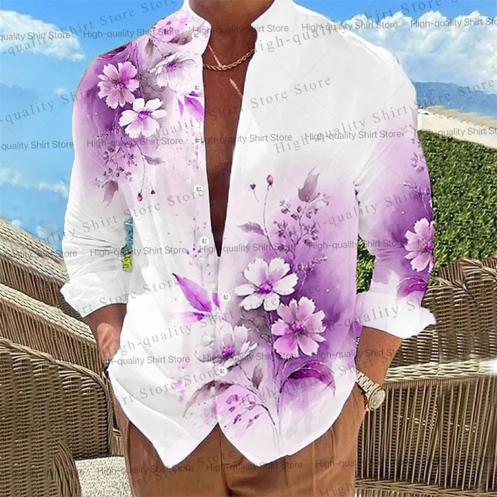 

Men's Shirt HD Floral Stand Collar Long Sleeve Shirt Fashion Sports Big Size Men's Clothing Casual Comfort Shirt