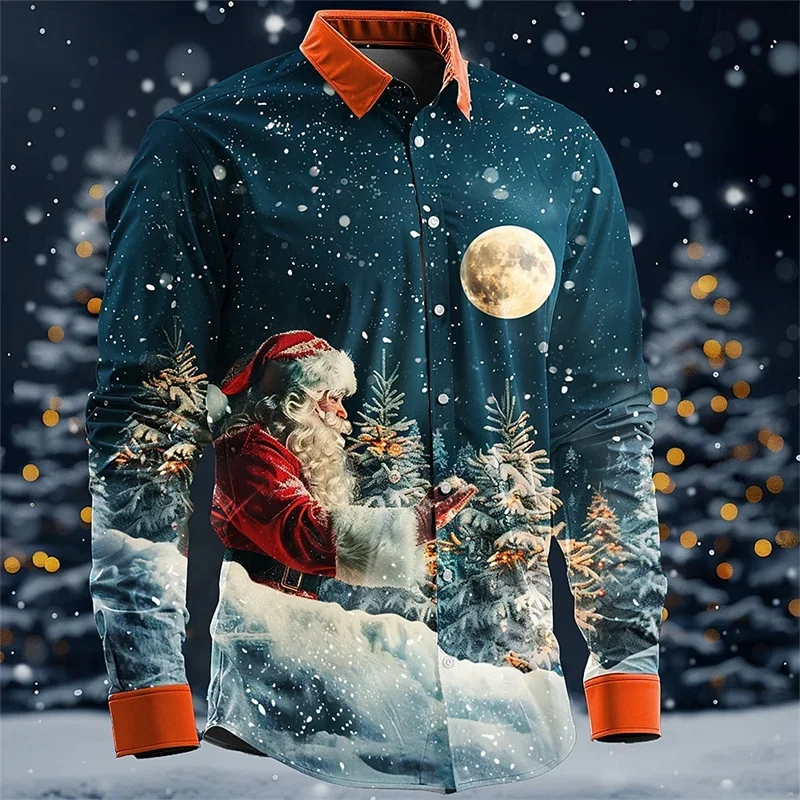 

Santa Claus Casual Business Men's Button Shirt Long Sleeve Party Autumn and Winter Lapel Shirt 3D Printing Thin Section XS-6XL