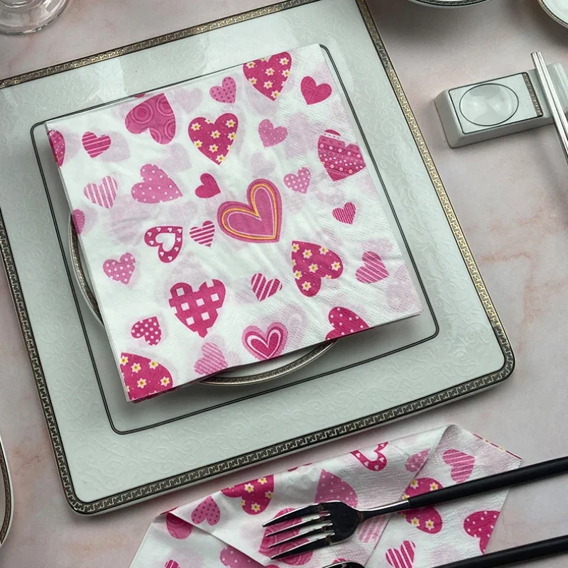 10/20pcs 33cm 2-Ply Hot Love Model Pink Heart Napkin Wedding Table Square Napkin Valentine's Day Decoration Paper Placemat