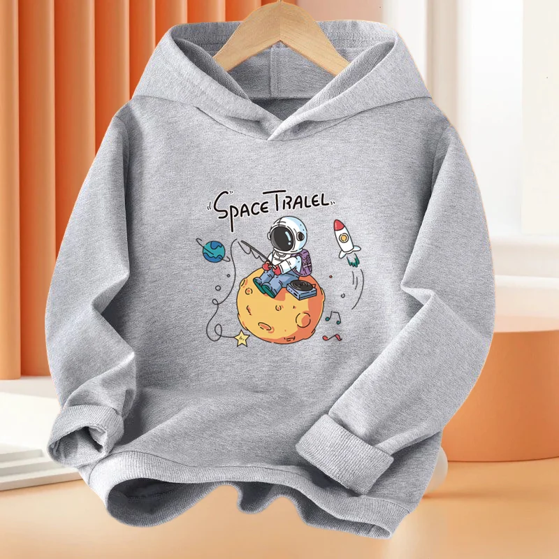 Boys 3-14Year Cartoon Space Astronaut Fishing The Moon Long Sleeve Hoodie Children Funny Tops Kids Cotton Basic Coat