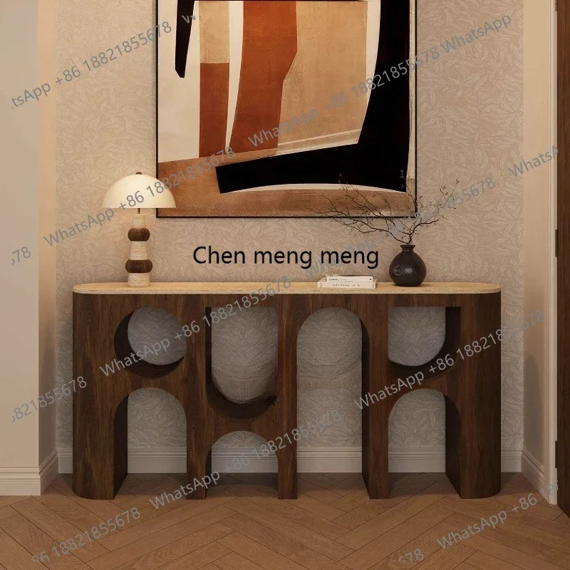 

Wabi-sabi medieval style solid wood entrance table French retro travertinestone end against the wall