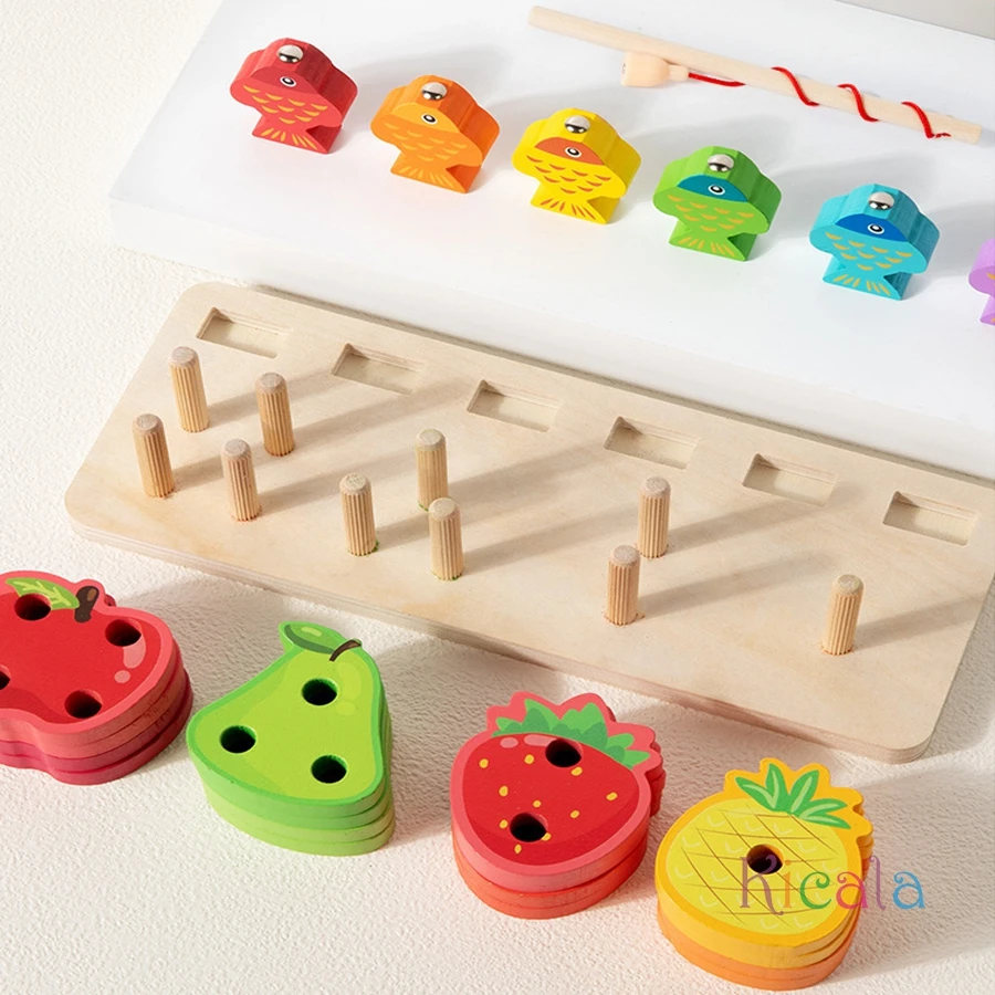 Houten magnetische kleurvorm voor kinderen Fruitclassificatie Cognitie Visspel Bijpassende stapelblokken Bordspel