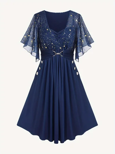 Vestido elegante con temperamento y pliegues de bolsillo con botones y estampado de estrellas de talla grande para mujer a la moda