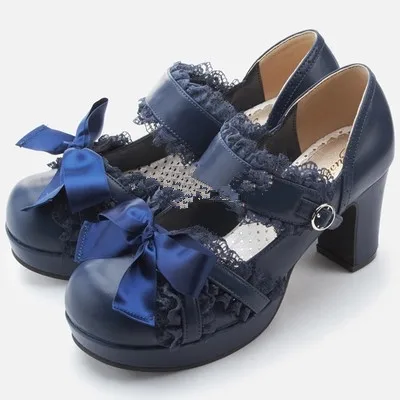Japanese Sweet Lolita Style Platform High Heels Lace Decorated Princess Shoes Ankle Buckle Block and Role-playing Party Shoes