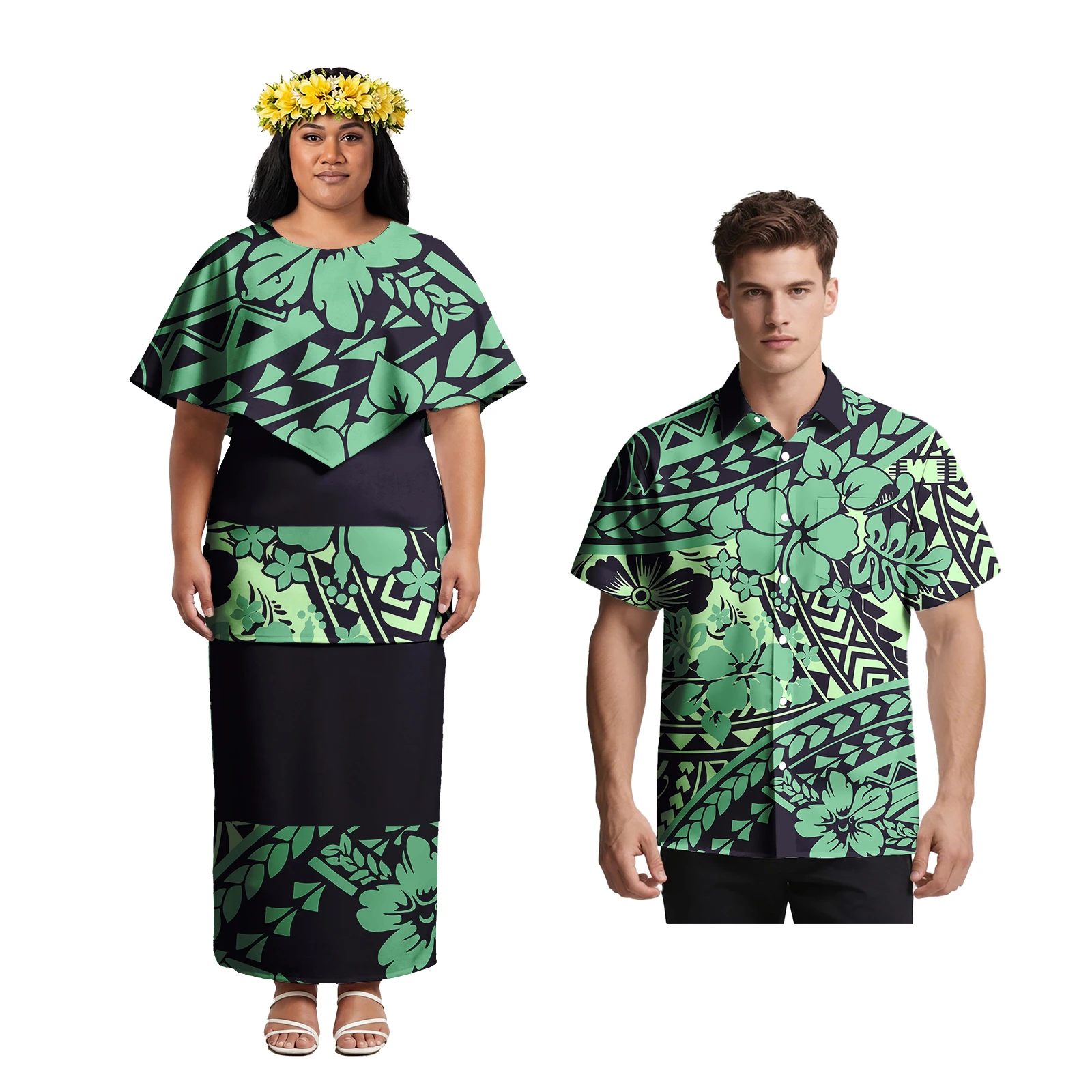 Camisas Polinesias con Bolsillos y Diseño de Volantes para Hombre, Traje Samoano Puletasi de 2 Piezas para Mujer, Estampado de Hojas de Monstera Hawaianas, Conjuntos a Juego para Parejas